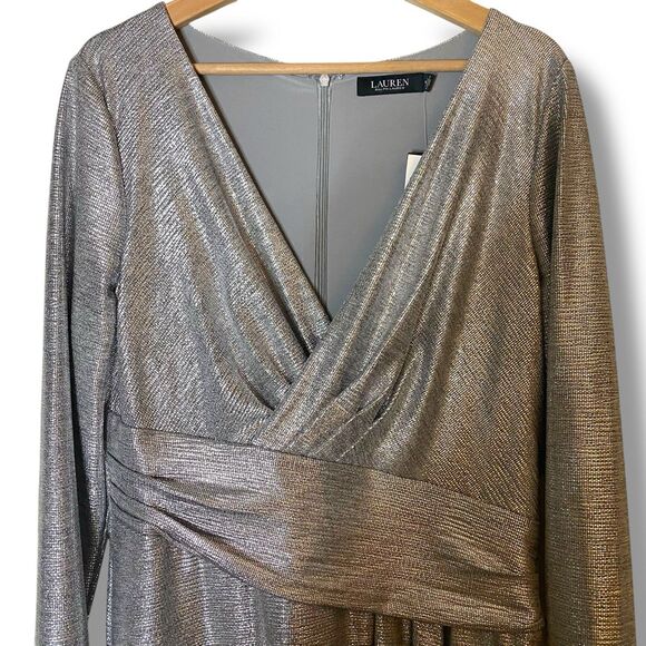 NWT Ralph Lauren Sz 14 Long Sleeve Cocktail Dress Metallic Silver Gray Faux Wrap - Picture 3 of 10